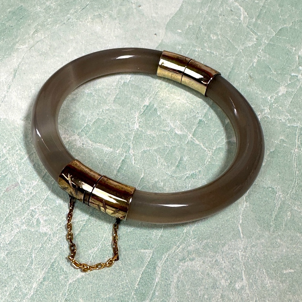 Vintage gray Jadeite glass bangle bracelet with etched sterling silver hinged